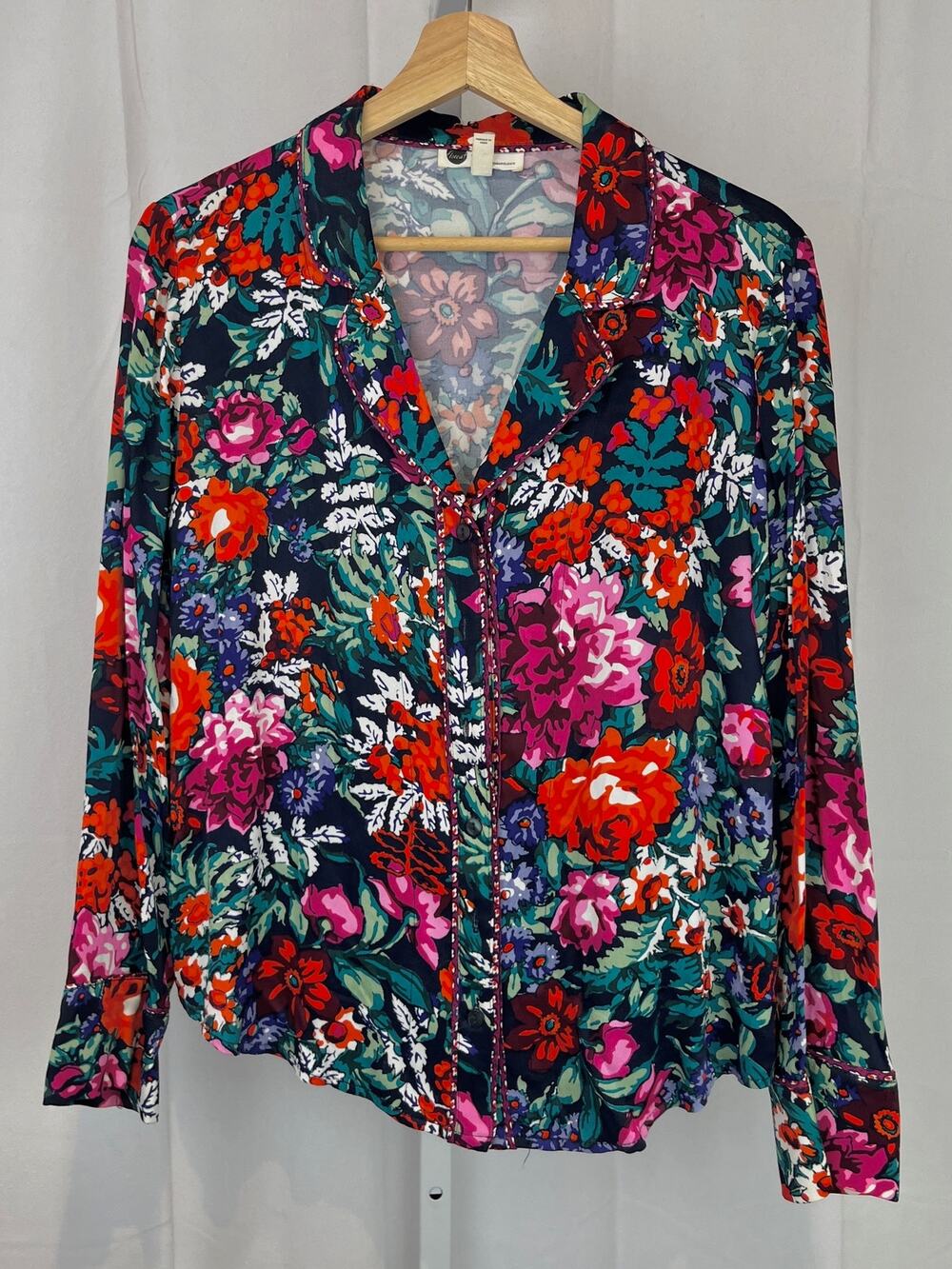FLOREAT Anthropologie Silky Floral Sleep Pajama Top Button Up Multicolor Size S